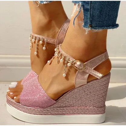 New Women Wedge Sandals Summer Bead Studded Detail Platform Sandals Buckle Strap Peep Toe Thick Bottom Casual Shoes Ladies