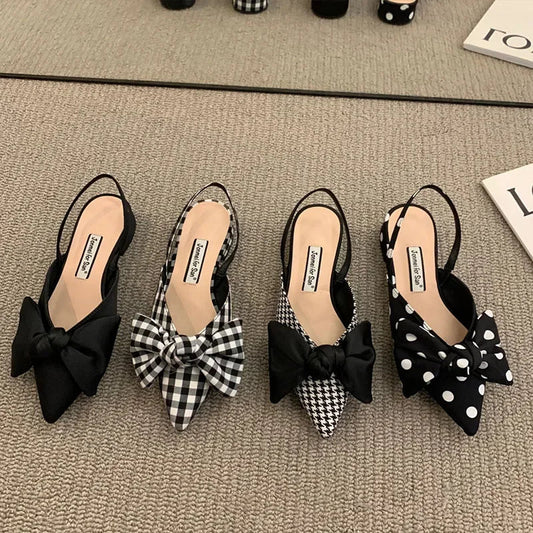 Women's Pumps Fashion Pointed Toe Bowknot Slingbacks Pumps Plaid Polka Dots Heels Slip-on Small Heel Sandals Casual Thin Shoes