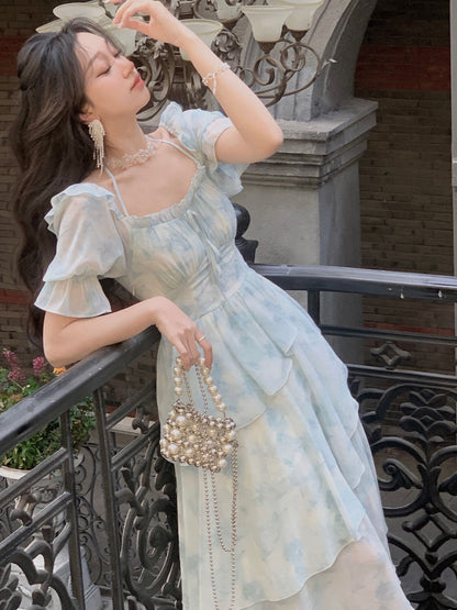 Summer French Style For Women Elegent Party Midi Print Dress Female Fashion A Line Holiday Clothes Vestidos