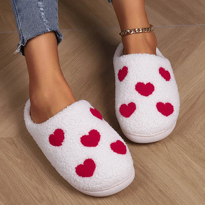 Women's Warm Lambswool Slippers Heart Printed Plush Home Slippers Shoes for Women Non Slip Soft Bottom Slides Ladies