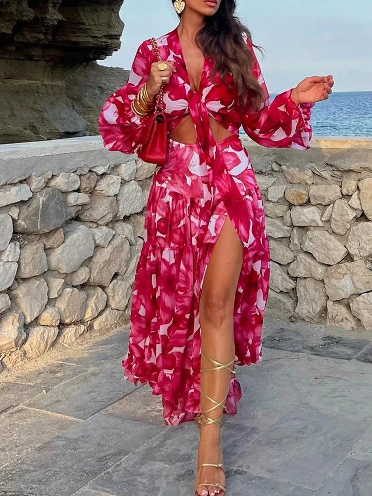 binfenxie  -   Red Flower Print Maxi Dresses Women Long Sleeve Side  Hight Split Loose Hem  Long  Party Dresses Pattern Printing