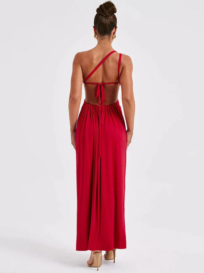 One Shoulder Diagonal Collar Backless Sexy Maxi Dress For Women Robe Fashion Off-shoulder Sleeveless High Split Dress