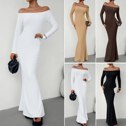 binfenxie Slash Neck Long-sleeved Sexy Dress Solid Autumn Dress for Women Elegant Party Evening Dress Slim Long Dresses Casual Bodycone