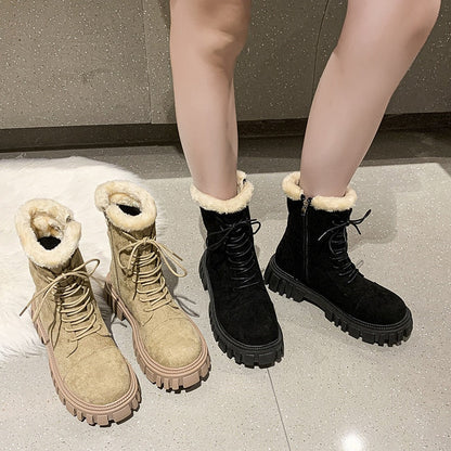 Winter Boots Lady Boots-Women Lace Up Australia Female Shoes Luxury Designer Round Toe Mid-Calf Snow Fashion Rubber Mid Cal