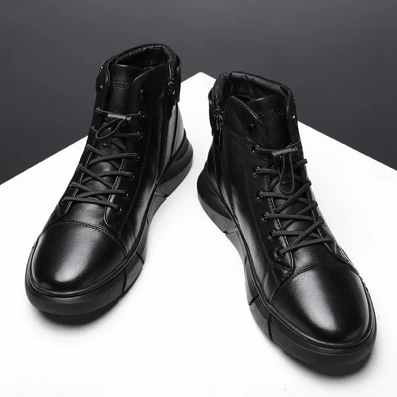 Autumn Winter Fashion Men's Ankle Boots PU Leather High Quality Comfortable Black Leather Platform Casual Shoes