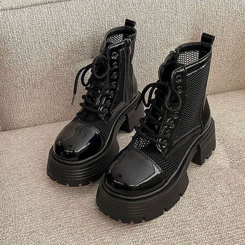 Autumn Women Motorcycle Boots Fashion Hollow Out Breather Short Booties Autumn Winter Female Platform Heel Shoes