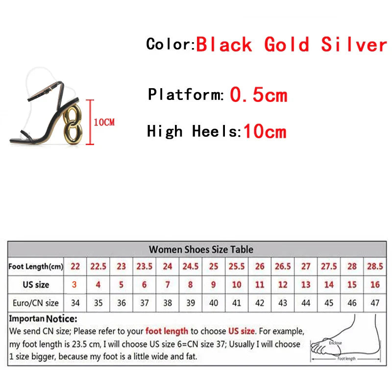 binfenxie  2024 New Fashion Metal Hollow Out Strange Heels Gladiator Sandals Women Golden Silver Square Toe Wedding Party Prom Shoes