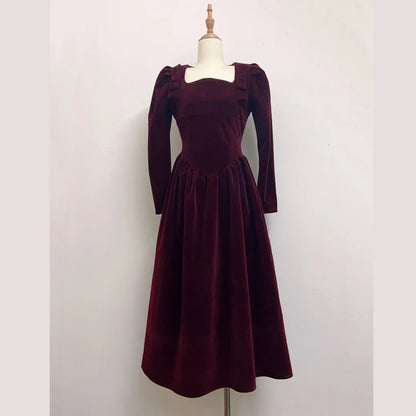 French Vintage Christmas Red Velvet Dress Square Collar Evening Party Prom Vestidos Women Elegant Autumn Winter Clothes