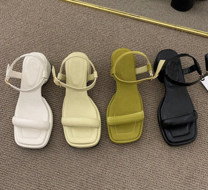 Summer Narrow Band Women Sandal Fashion Square Low Heel Ladies Elegant Dress Sandal Shoes Outdoor Casual Slides