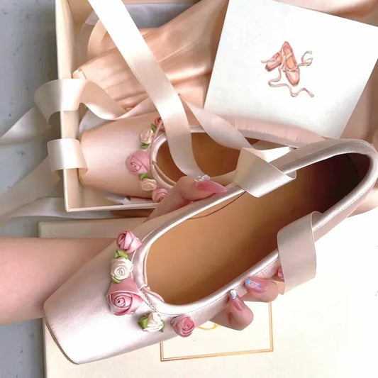 NEW Classic Silk Ballet Shoes Ribbon Lace Up Ballet Shoes Women Square Toe Rose Flower Elegant Valentine Flats Pink Apricot