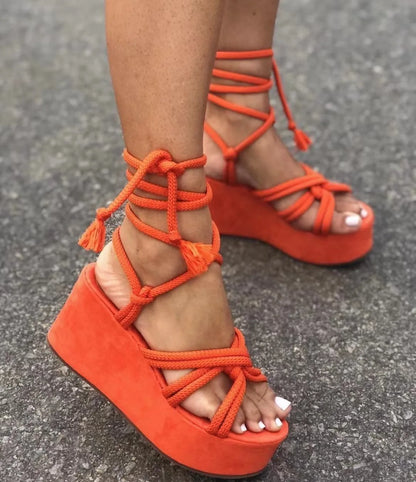 binfenxie Platform Wedge Strappy Sandals Women Fashion Round Toe Cross Tied Height Increase Open Toe Women Sandals