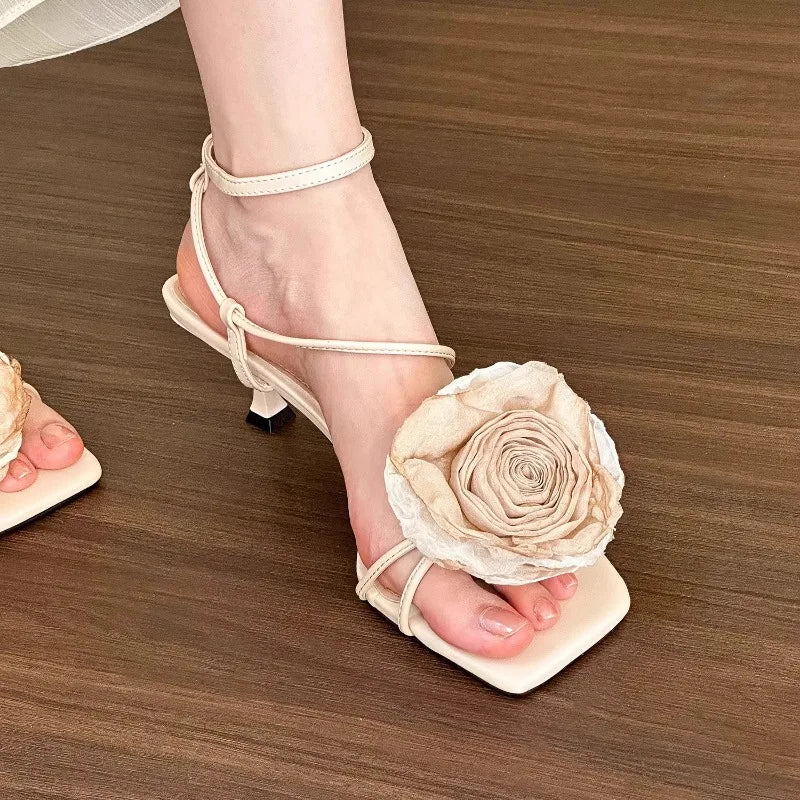 binfenxie  -  2024 Colorful 3D Flower Short Heel Sandals Square Headed Open Toe Party Fashion French Sandals Detachable Rose Woman Shoes 35-39