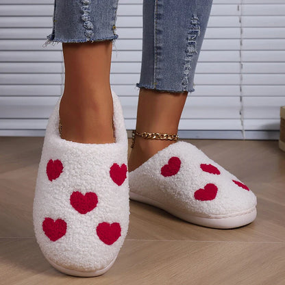 Women's Warm Lambswool Slippers Heart Printed Plush Home Slippers Shoes for Women Non Slip Soft Bottom Slides Ladies