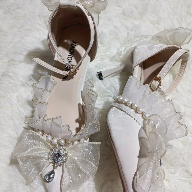 Handmade French Lace Girl Elegant Lolita Elegant Pointed Thin High Heels Versatile Wedding Shoes For Women New Fashion