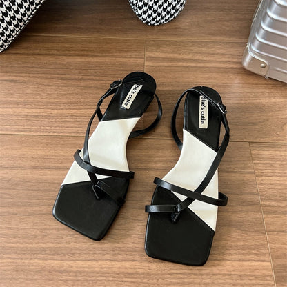 Summer New Mix Color Women Sandal Fashion Narrow Band Ladies Gladiator Shoes Square Low Heel Outdoor Dress Slides