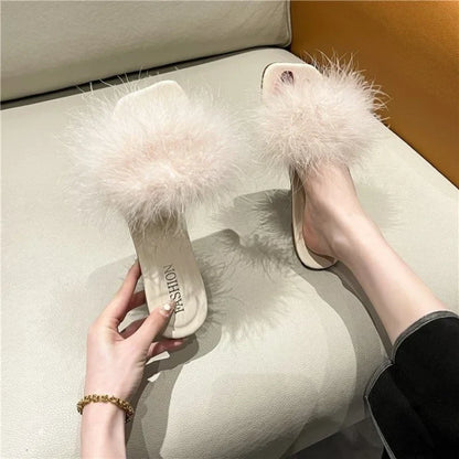 Summer Fluffy Slides Vintage Feather Women's Slippers and Ladies Sandals Flat Shoes Pink Fuzzy Furry Trend New Style I F B