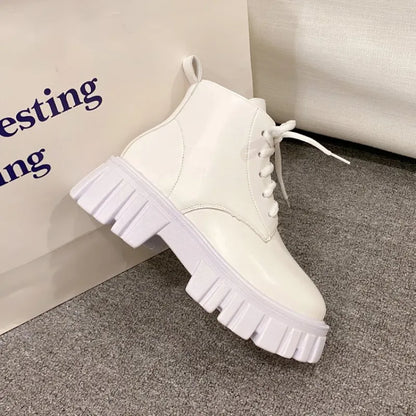 White New Women Ankle Boots  Autumn Winter Platform Zipper Women Punk Boots Thick Sole Lace Up Combat Booties Female Mujer