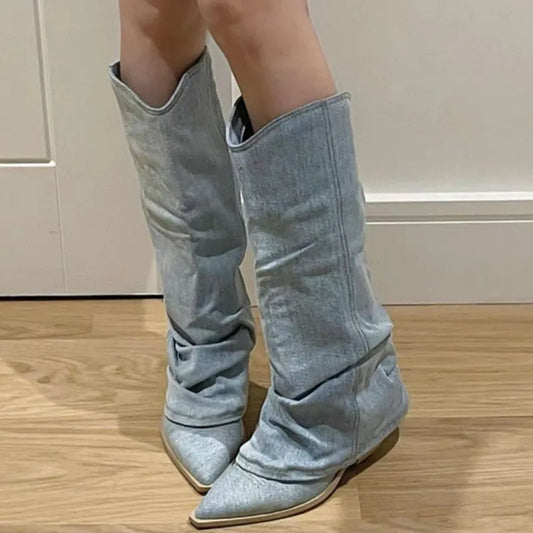 Pleats Blue Denim Thigh High Boots for Women Spring Thick Heeled Pointed Toe Cowboy Boots Woman Slip On Western Long Boots