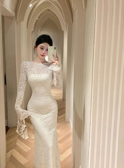 Vintage Sexy Lace Bodycon White Long Dresses for Women Autumn New Elegant Evening Party Prom Long Sleeve Female Clothing