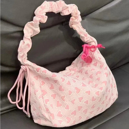 binfenxie Fashion Cute Women Shoulder Bag Heart Printed Korean Style Pink Handbag New Casual Large Capacity Pleated Crossbody Bag