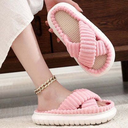 New Women Home Slippers Autumn Winter Open-Toe Cross Band Linen Soled Indoor Slides Linen Soled Non-Slip Bathroom Slippers