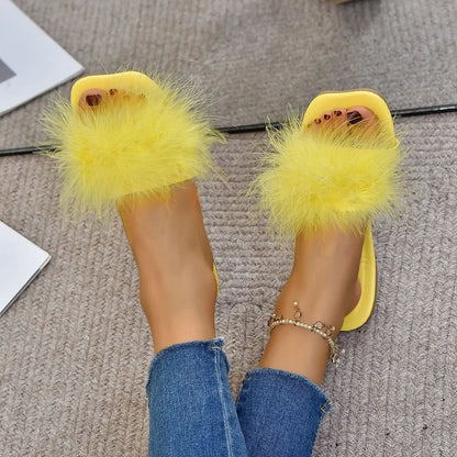 Summer Fluffy Slides Vintage Feather Women's Slippers and Ladies Sandals Flat Shoes Pink Fuzzy Furry Trend New Style I F B