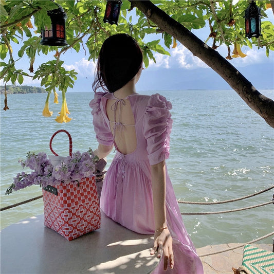 Women Purple Long Backless Dress Summer Runway Elegant Fairy Vintage Dress Beach Vacation Party Night Long Vestido New