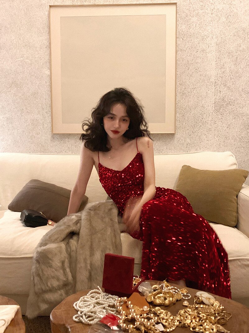 binfenxie Long Sequin Dress Sexy Red Glitter Bodycon Wedding Guest Birthday Party Dresses Elegant Occasion Dress for Women