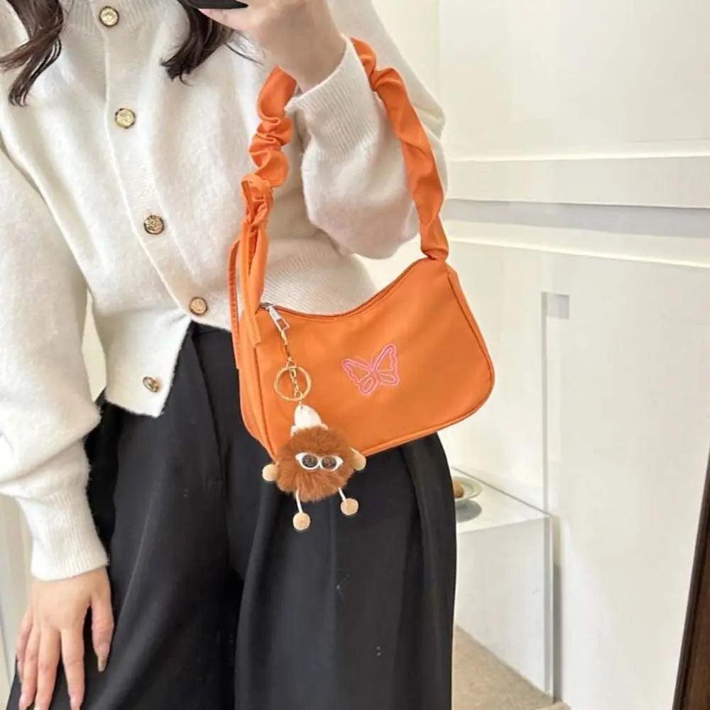 binfenxie Embroidery Bowknot Butterfly Shoulder Bag Y2k Style Ruffle Handle Nylon Bow Tote Bag Makeup Lipstick Bag Handbag