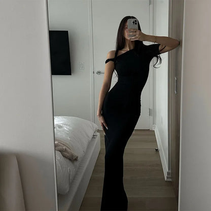 binfenxie Black Long Dress Women Sexy Off Shoulder Short Sleeve Bodycon Party Dresses Summer Elegant Fashion One-shoulder Maxi Dress 2024