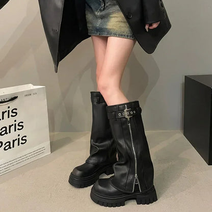 Winter Women Biker Boots Fashion Belt Buckle Ladies Elegant Platform Long Pipe Booties Casual Women's Knee High Booties