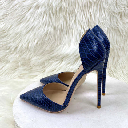 Futurecen Navy Blue Cro-Effect Women Pointed Toe Stiletto Pumps Comfortable Sexy Ladies Party Show Dress High Heel Shoes