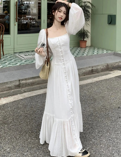 Women Vintage Square Collar White Dress for Autumn New Single Breasted Lantern Sleeved Robe France Elegant Party Vestidos