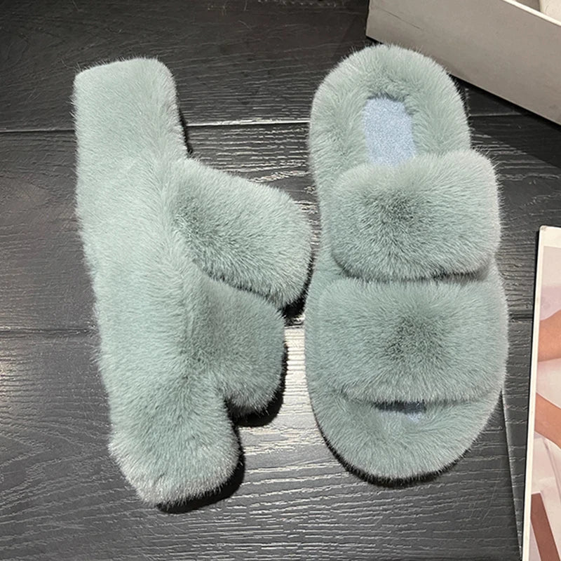 Winter Fluffy Slippers Women New House Home Fur Slippers For Women Flat Platform Cozy Fuzzy Indoor Shoes Korean Slides