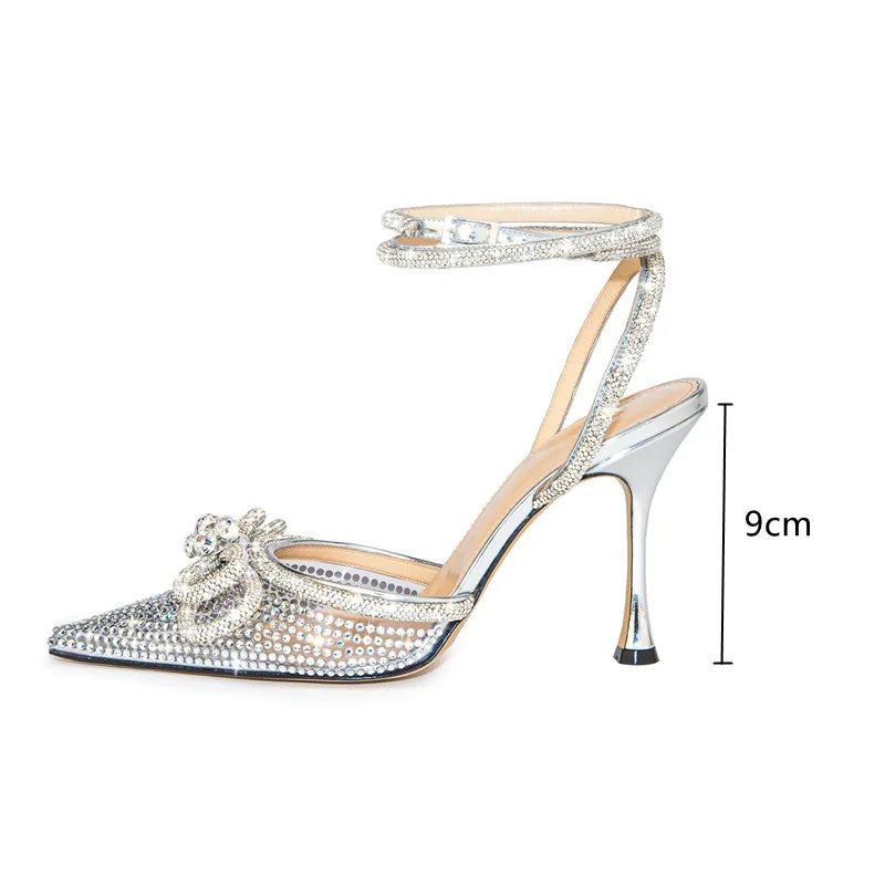 Futurecen Brand Bling Bling Rhinestones Double bowknot Women Pumps Sexy Ankle Strap Thin High heels Mules Summer Wedding Bridal Shoes