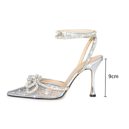 Futurecen Brand Bling Bling Rhinestones Double bowknot Women Pumps Sexy Ankle Strap Thin High heels Mules Summer Wedding Bridal Shoes