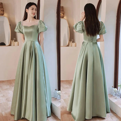 binfenxie Fairy Green Satin Prom Dress Puff Short Sleeve Lace-Up Floor Length Elegant  Evening Gown Plus Size Banquet Vestidos