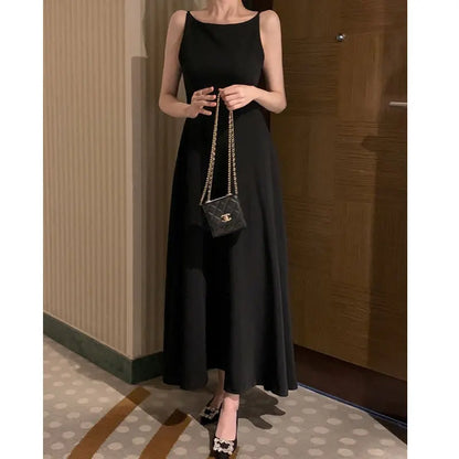 Korea Evening Party Long White Dress Elegant Solid Sleeveless Strap A Line Dress Beach Women One Piece Backless Black Dress