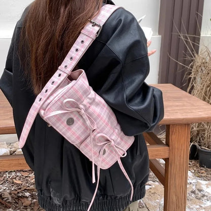 binfenxie  Plaid Pink Womens Shoulder Bag Pleated Casual Sweet Cute New Fashion Leather Handbag Literary Exquisite Designer Armpit Bag