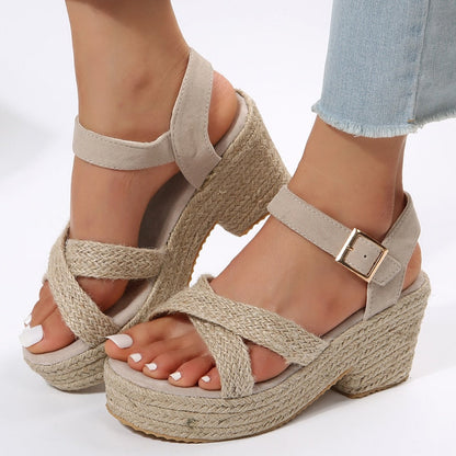 Weaving Wedge Heel Sandals for Women Summer Espadrilles Platform Slippers Woman Thick Bottom Non Slip Beach Sandalias Mujer