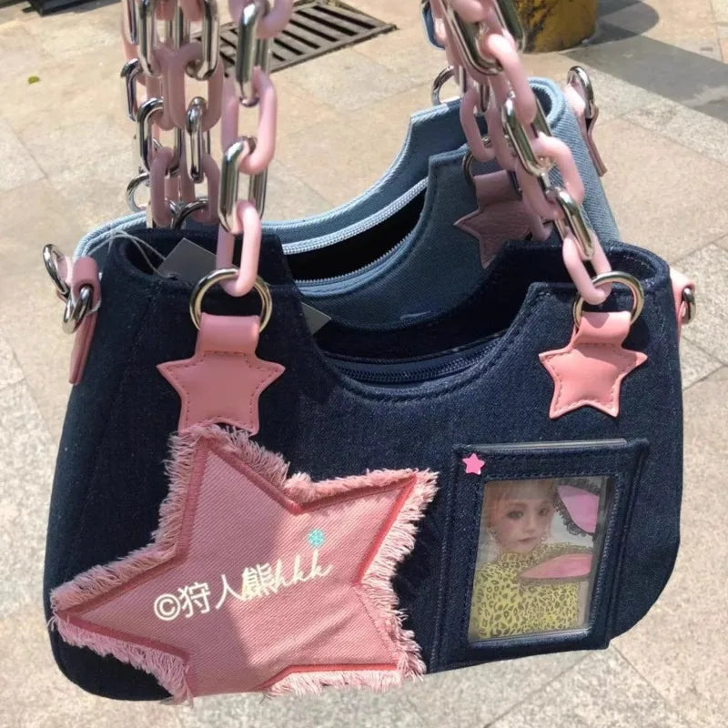 binfenxie Y2K Vintage Shoulder Bag Korean Fashion Underarm Harajuku Star Tote Denim Bag Chain Ladies Bags Zip Purses Handbags Women