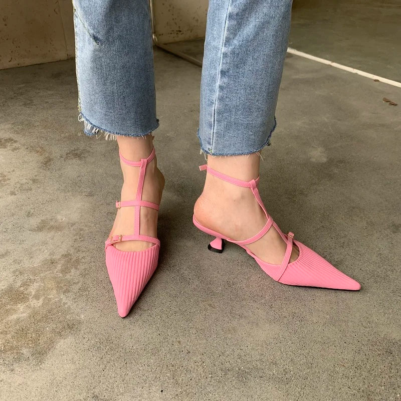 Futurecen Spring New Brand Women Pumps Shoes Fashion Pleated Pointed Toe Ladies Elegant Slingback Sandals