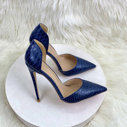 Futurecen Navy Blue Cro-Effect Women Pointed Toe Stiletto Pumps Comfortable Sexy Ladies Party Show Dress High Heel Shoes