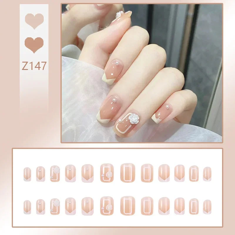 binfenxie 24pcs/box Fake Nails Press on Reusable with Designs Set French Artificial Aurora Diamond False Tipsy Stick-on Nails Tips Art