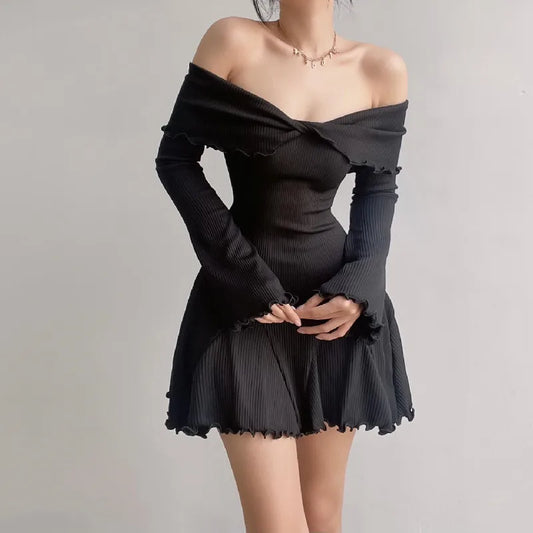 binfenxie Autumn Black A-LINE Dress Women Streetwear Sexy Strapless Off Shoulder Long Sleeves Knitting Mini Dresses Club Elegant Partywear