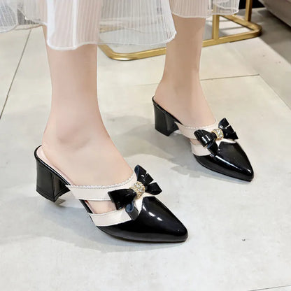 Women's Slippers and Ladies Sandals Jewels Summer  Crystals Slides Pointed Toe Shoes Black Heeled Mules Rhenstone with Bow Y