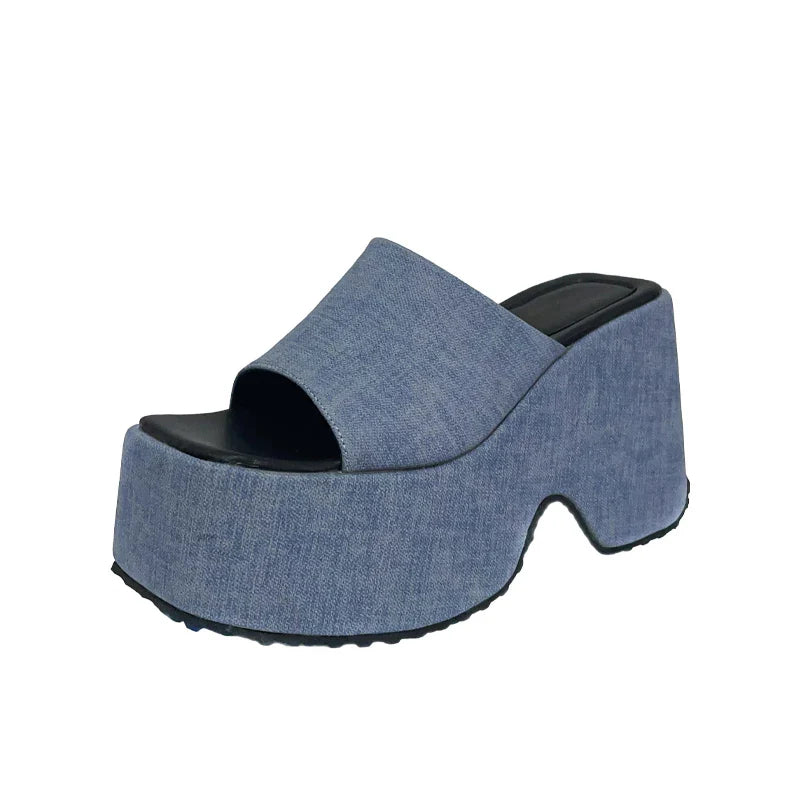 binfenxie  -  11cm Chunky Heeled Sandals Blue Denim Platform Wedges Shoes For Women Casual High Heels Slippers Zapatos Mujer Size 34-42