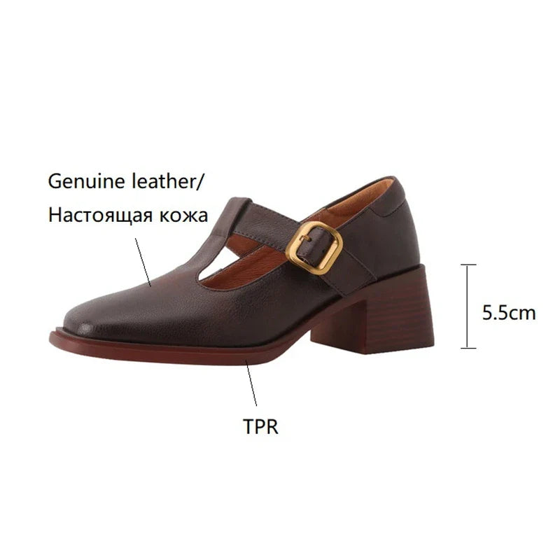 Futurecen NEW Spring Women Pumps Genuine Leather Shoes for Women Square Toe Chunky Heel Shoes Retro Mid-heel Mary Janes Retro Brown Shoes