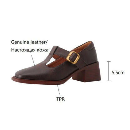 Futurecen NEW Spring Women Pumps Genuine Leather Shoes for Women Square Toe Chunky Heel Shoes Retro Mid-heel Mary Janes Retro Brown Shoes