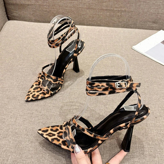 binfenxie  -   2024 New Sexy Leopard Print Sandals Women Summer Pointed Open Toe Buckle Strap Gladiator High Heels Party Dress Shoes